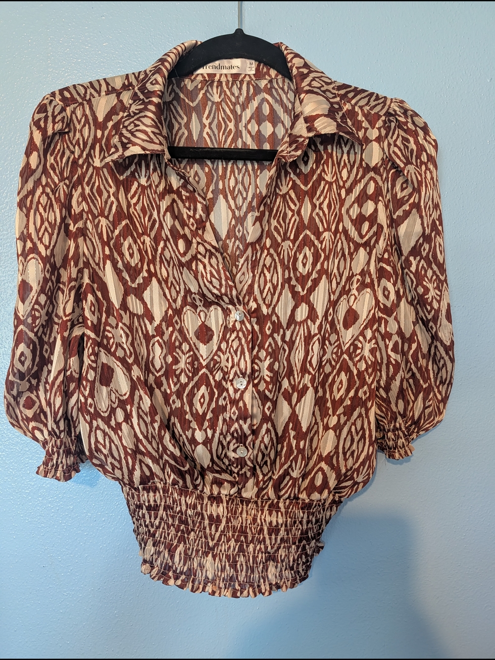 Women's Brown Patterned Puff-Sleeve Blouse